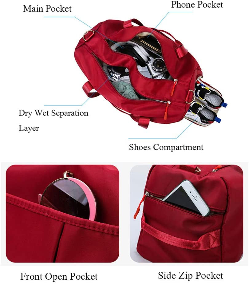 Sports Gym Bag for Women Travel Duffel Bag with Wet Pocket and Shoes Compartment for Training Swim Yoga(Red)