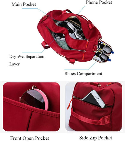 Sports Gym Bag for Women Travel Duffel Bag with Wet Pocket and Shoes Compartment for Training Swim Yoga(Red)